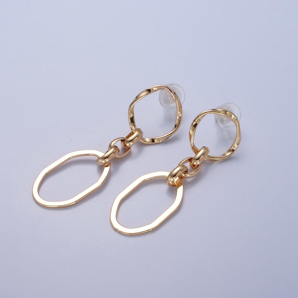 24K Gold Filled Hammered Oval Chain Link Dangle Stud Earrings P-310 - DLUXCA
