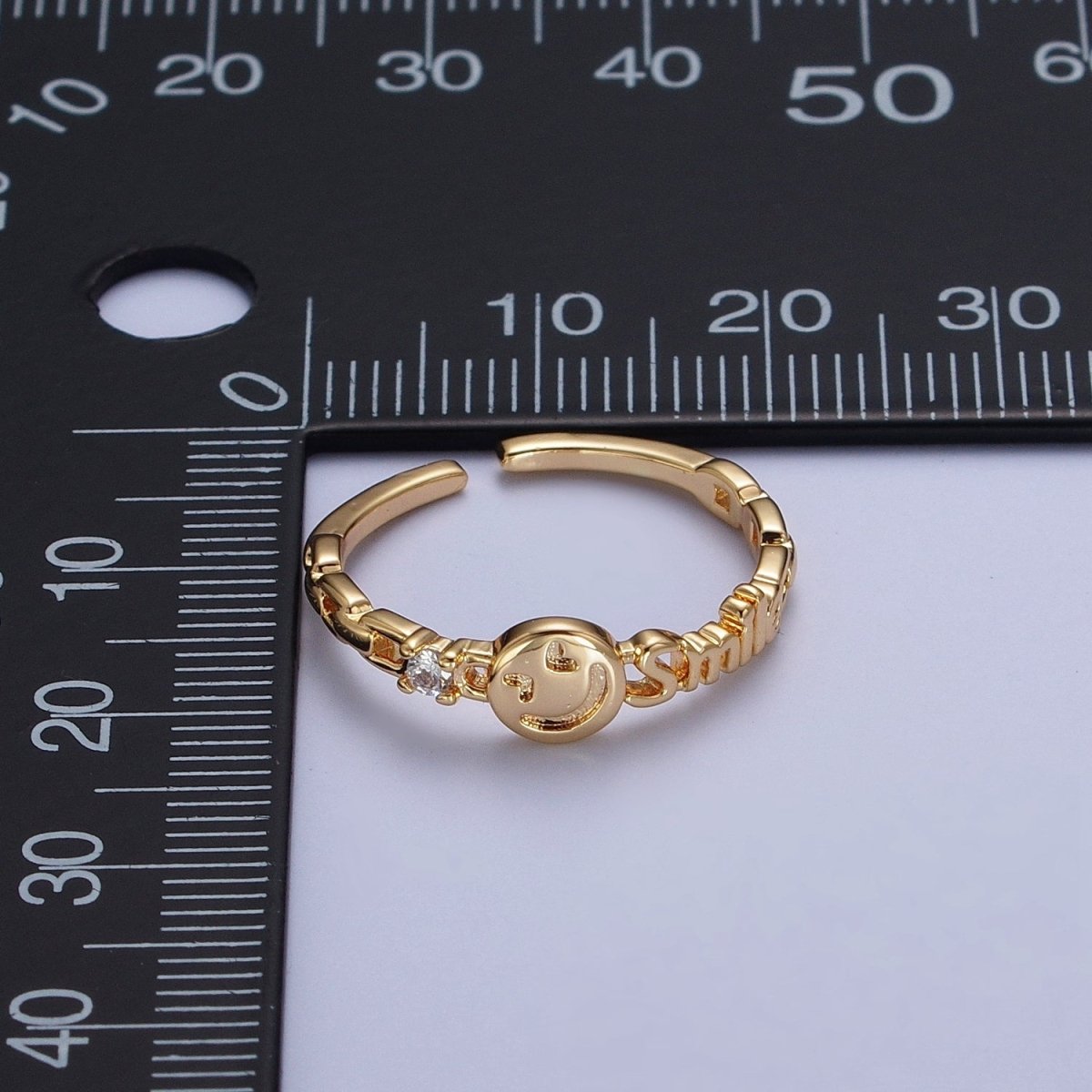 24K Gold Filled Happy Face & Smile Script with Cubic Zirconia Adjustable Gold Ring | X-580 - DLUXCA