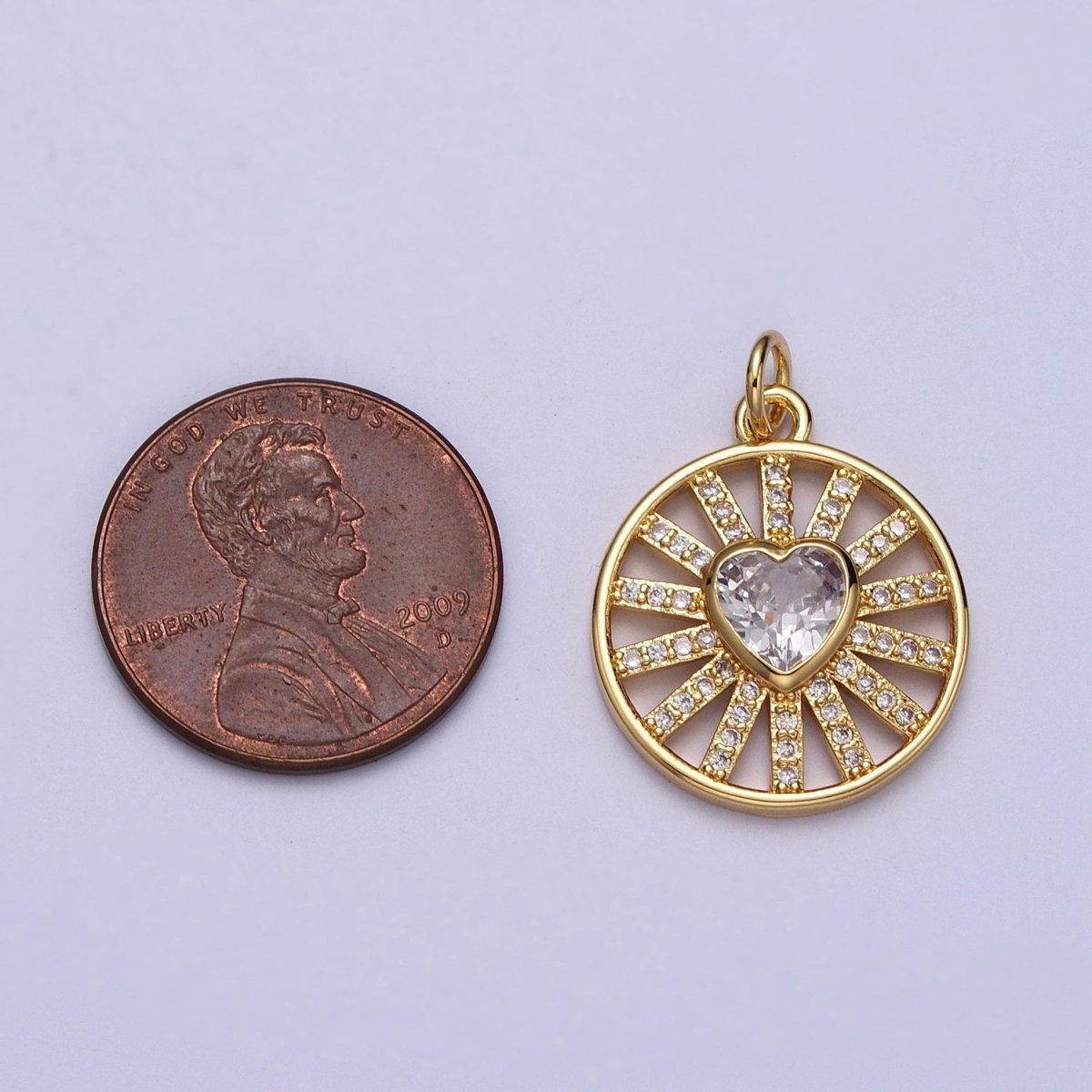 24k Gold Filled Heart Charm Micro Paved CZ Radiant Round Coin Disc Charm E-452 - DLUXCA