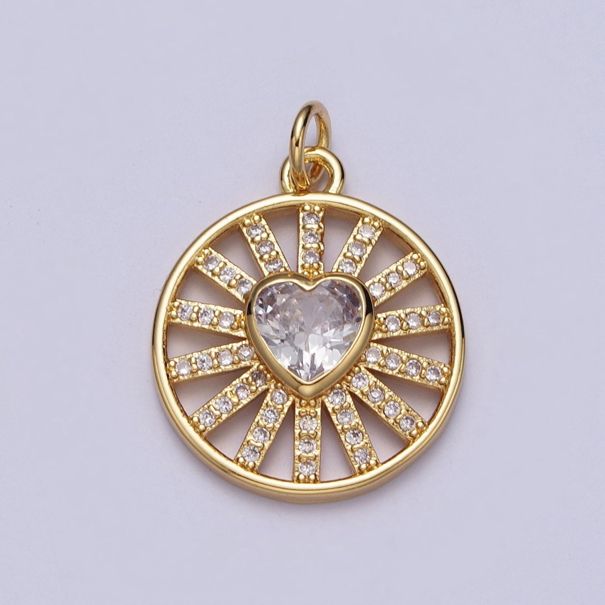 24k Gold Filled Heart Charm Micro Paved CZ Radiant Round Coin Disc Charm E-452 - DLUXCA