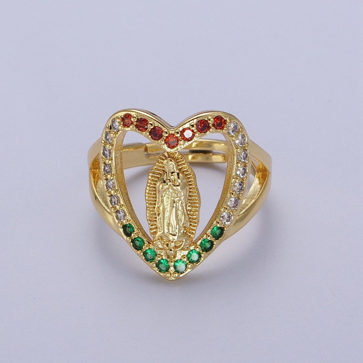 24K Gold Filled Heart Micro Paved Multicolor Religious Virgin Mary Lady Guadalupe Ring | Y-445 - DLUXCA