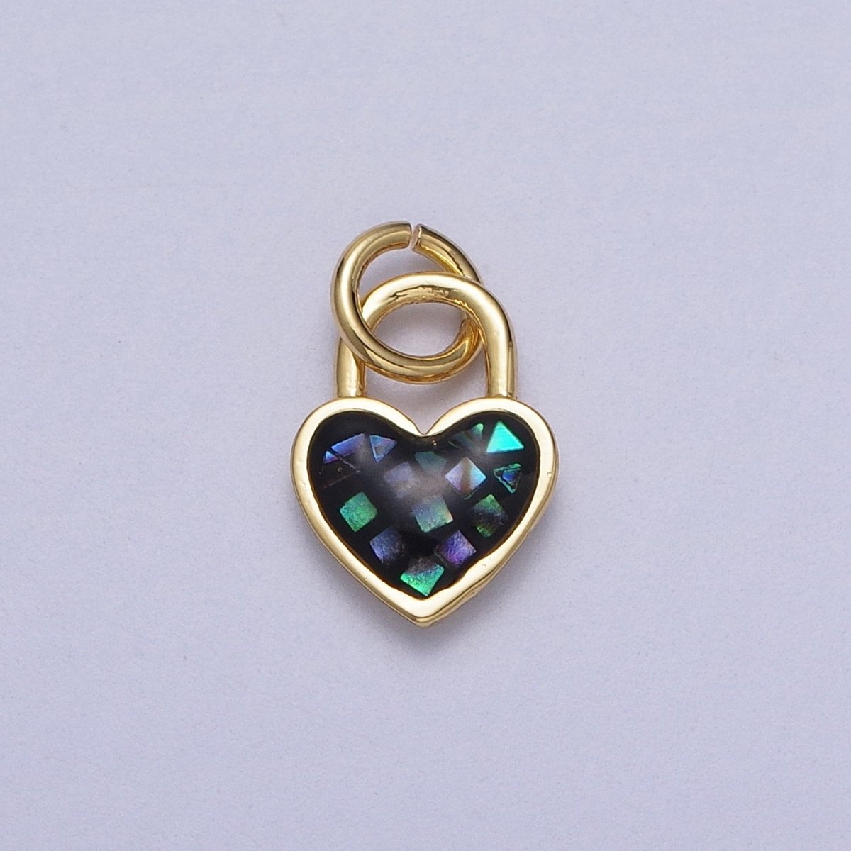 24K Gold Filled Heart Padlock Teal, Green, Pink, Abalone, White Shell Opal Charm E-398 E-455 E-460 E-490 E-509 - DLUXCA