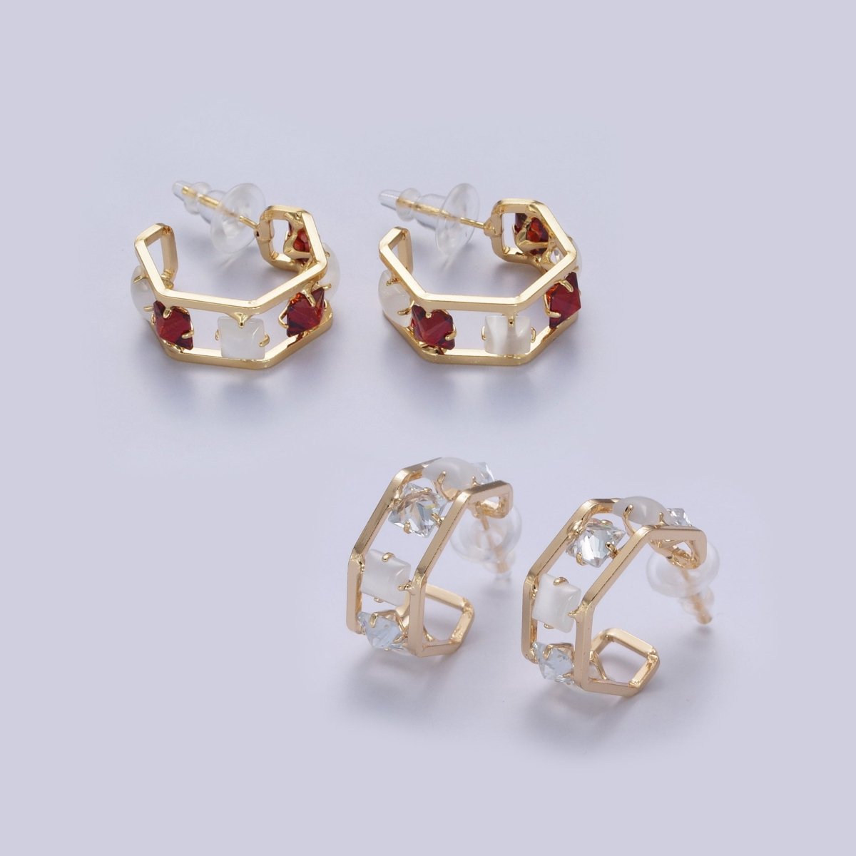 24K Gold Filled Hexagonal Double Band C Shaped Baguette Cubic Zirconia CZ Stud Earrings P-306 P-307 - DLUXCA