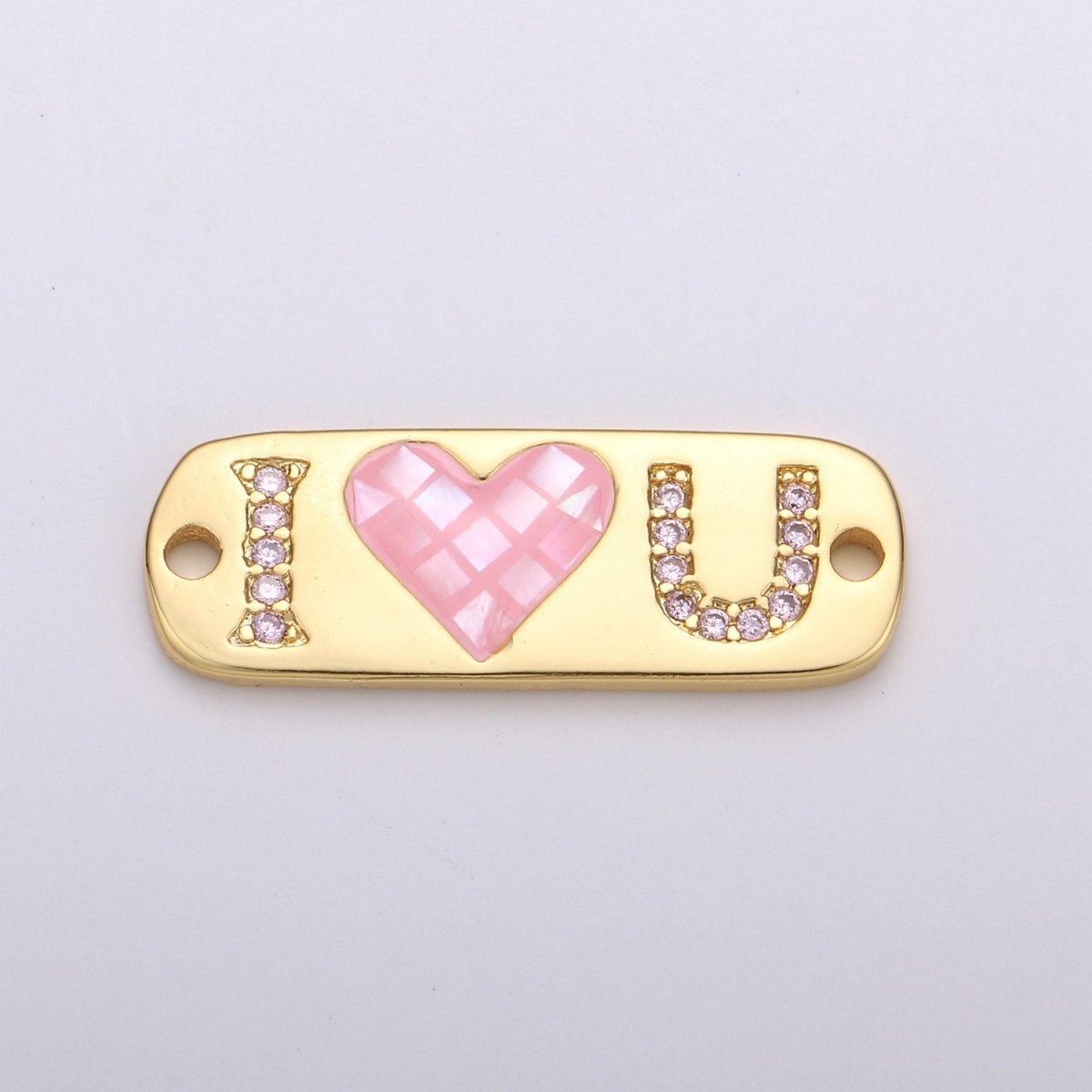 24K Gold Filled "I Love U" Micro Paved Pink Heart Opal Shell Link Connector F-394 - DLUXCA