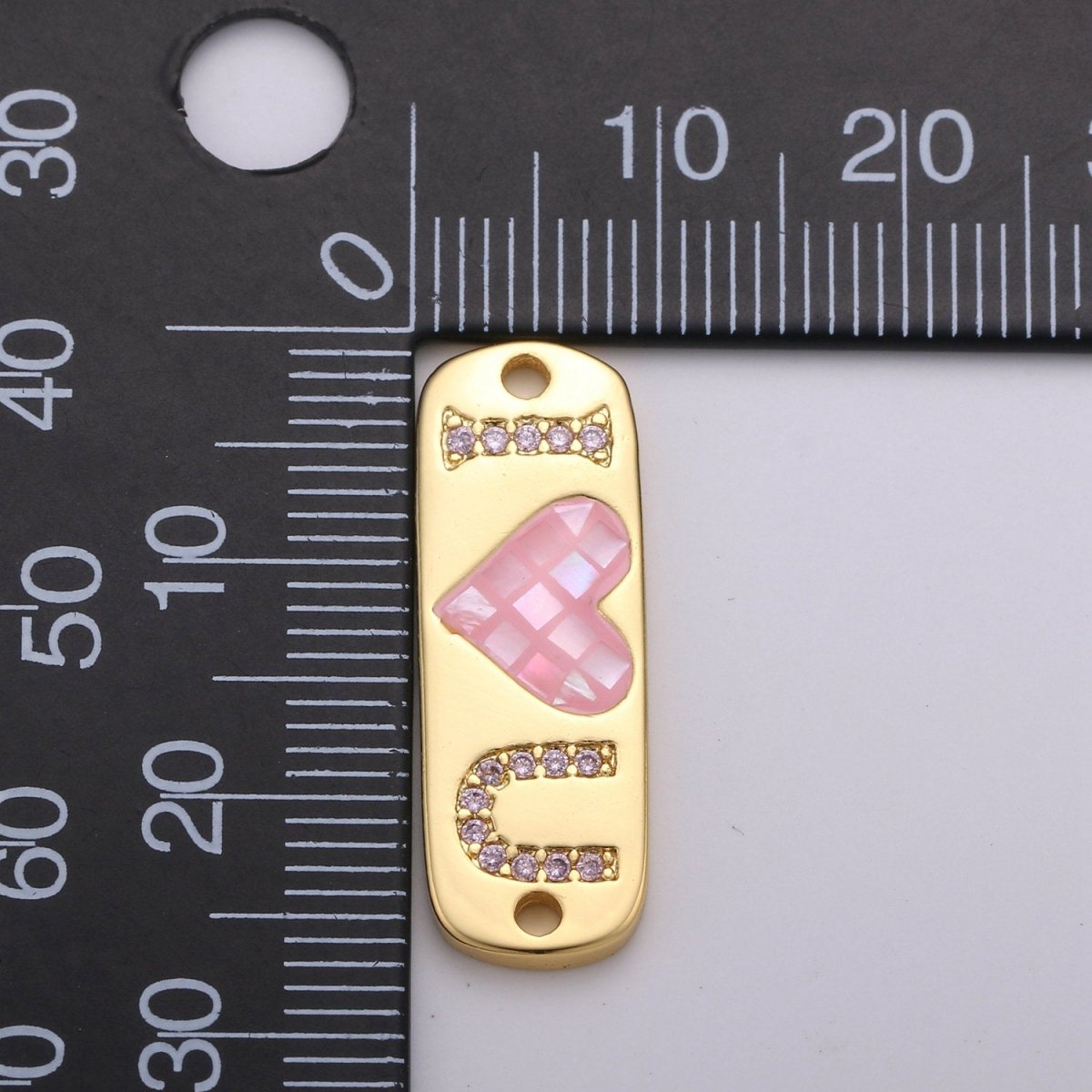 24K Gold Filled "I Love U" Micro Paved Pink Heart Opal Shell Link Connector F-394 - DLUXCA