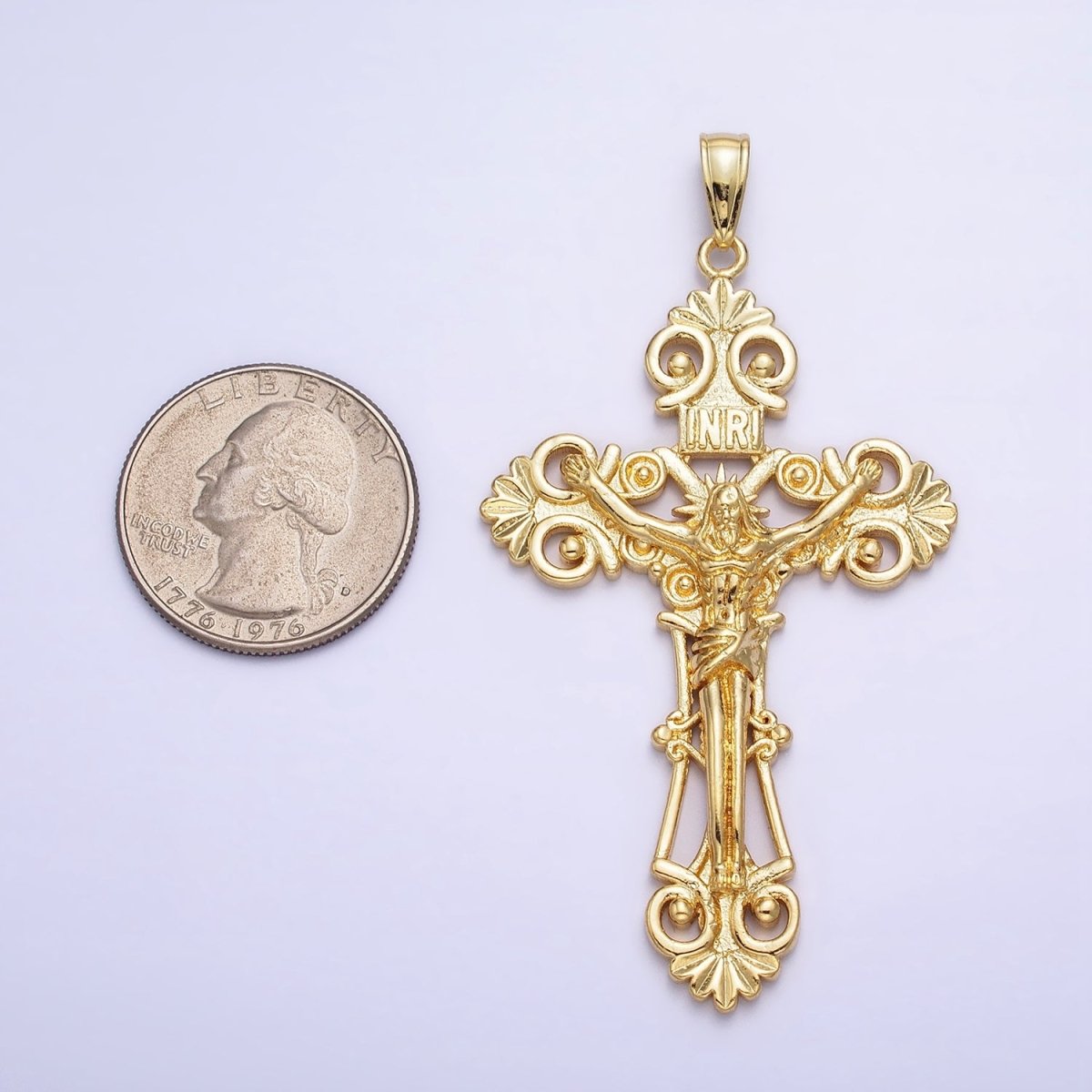 24K Gold Filled "INRI" Jesus Crucifix Cross Religious Elaborate Statement Cross Pendant | AA208 - DLUXCA