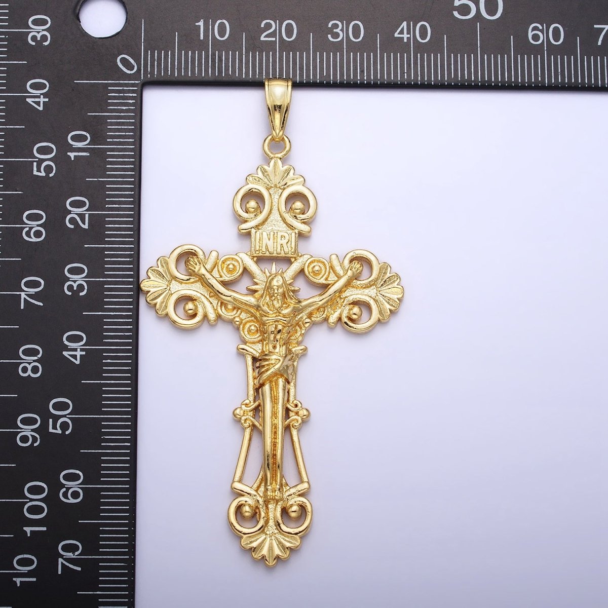 24K Gold Filled "INRI" Jesus Crucifix Cross Religious Elaborate Statement Cross Pendant | AA208 - DLUXCA