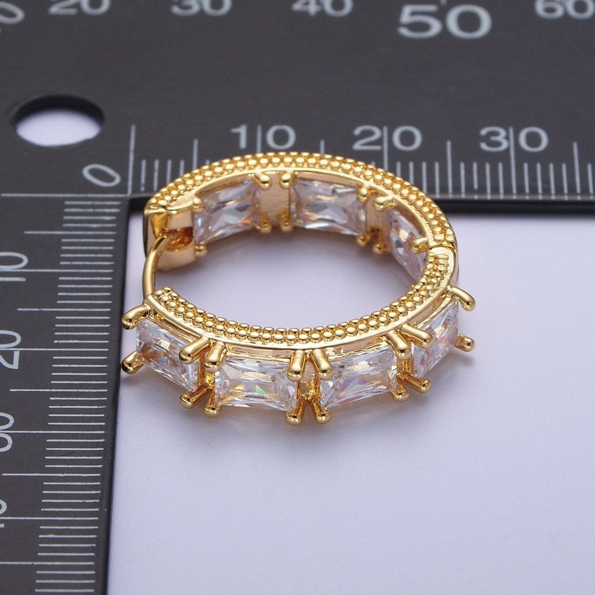 24K Gold Filled Inside Outside Double Sided Baguette Cubic Zirconia Beaded Huggie Hoops Earrings | Y-036 - DLUXCA