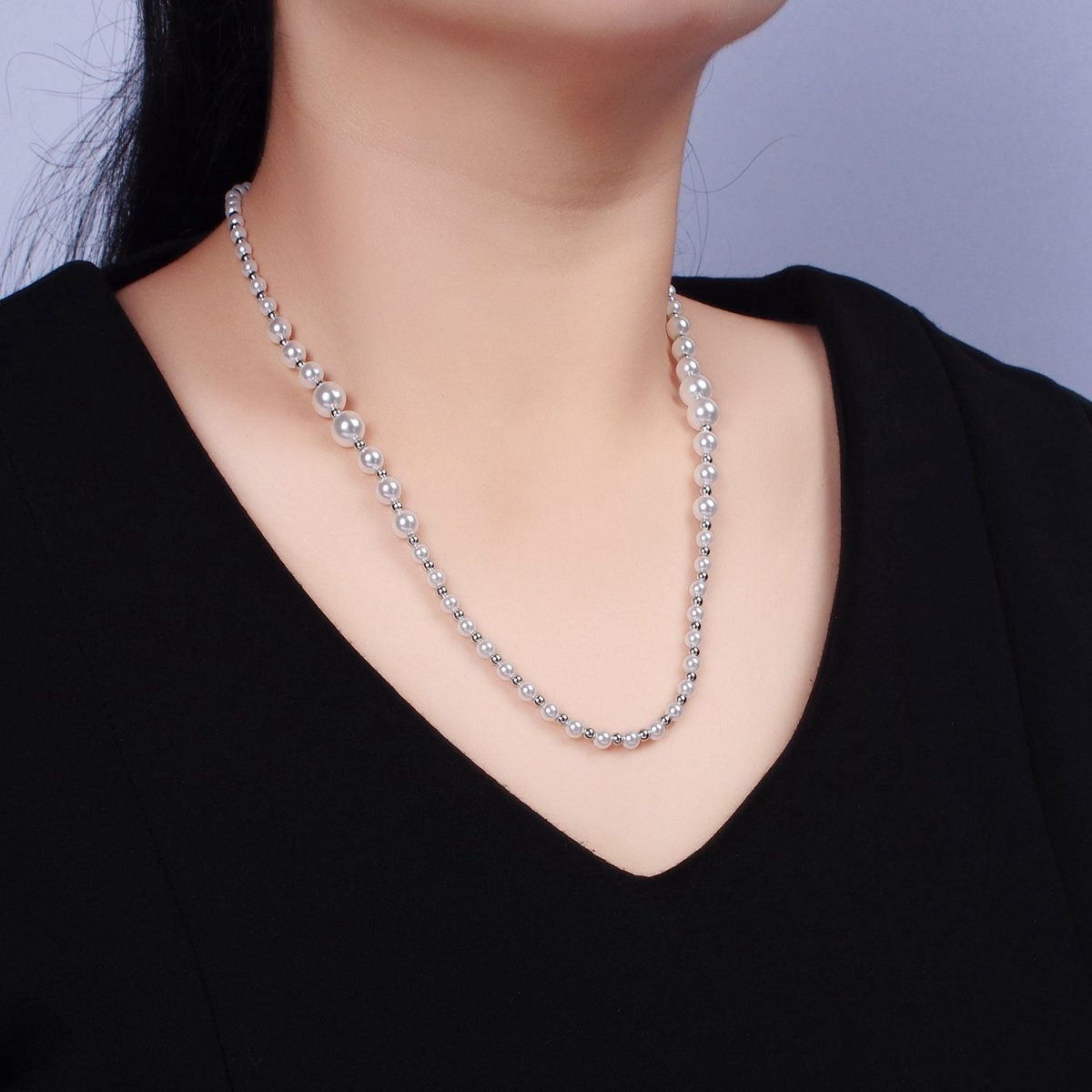 24K Gold Filled Irregular Round Shell Pearl Silver Bead 20 Inch Layering Mixed Metal Necklace | WA-2329 Clearance Pricing - DLUXCA