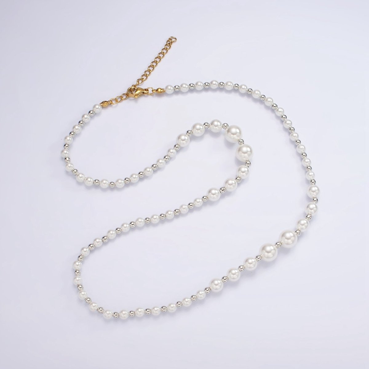 24K Gold Filled Irregular Round Shell Pearl Silver Bead 20 Inch Layering Mixed Metal Necklace | WA-2329 Clearance Pricing - DLUXCA