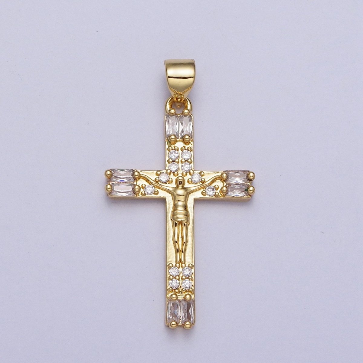 24K Gold Filled Jesus Crucifix Cross Baguette Micro Paved CZ Religious Pendant H-296 - DLUXCA