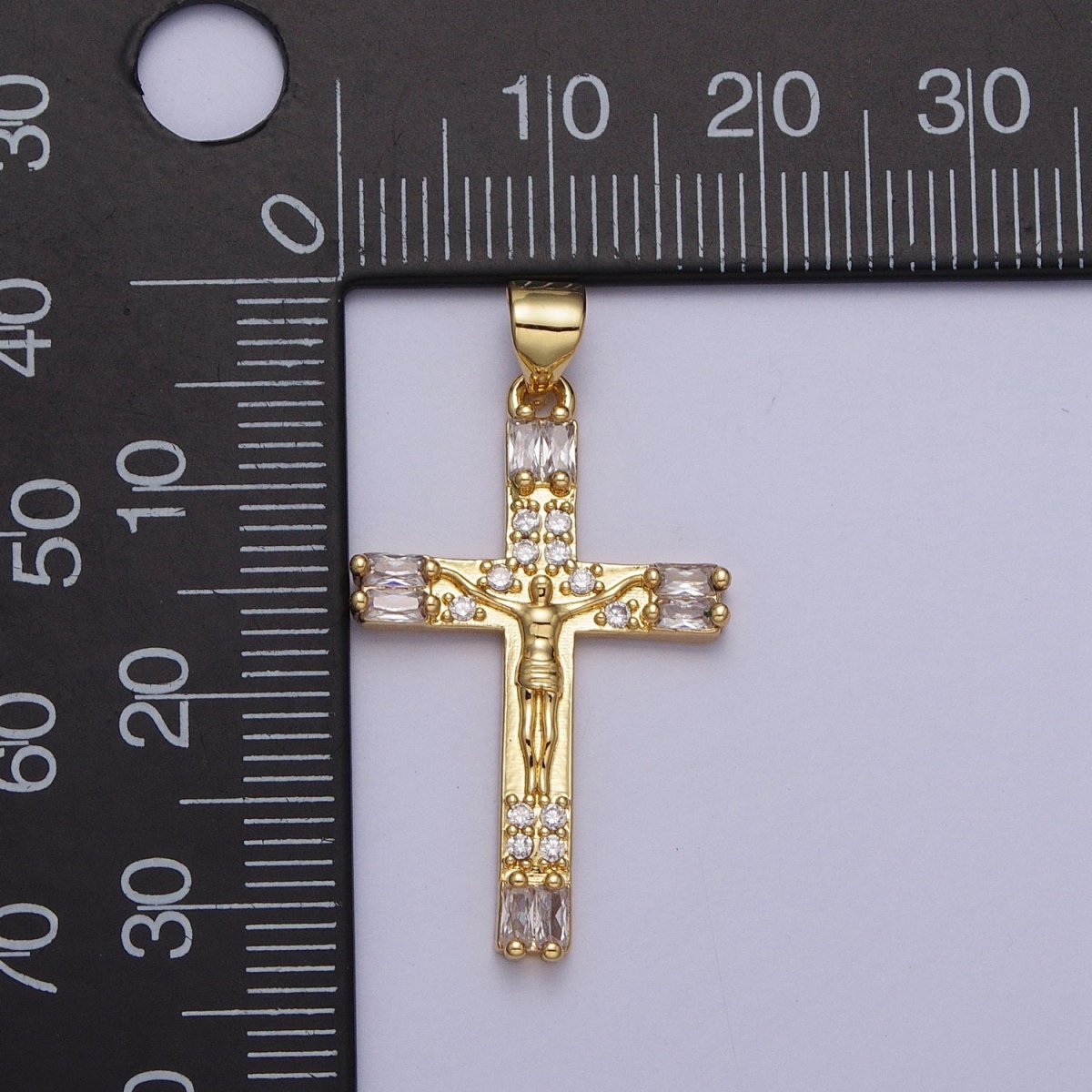 24K Gold Filled Jesus Crucifix Cross Baguette Micro Paved CZ Religious Pendant H-296 - DLUXCA