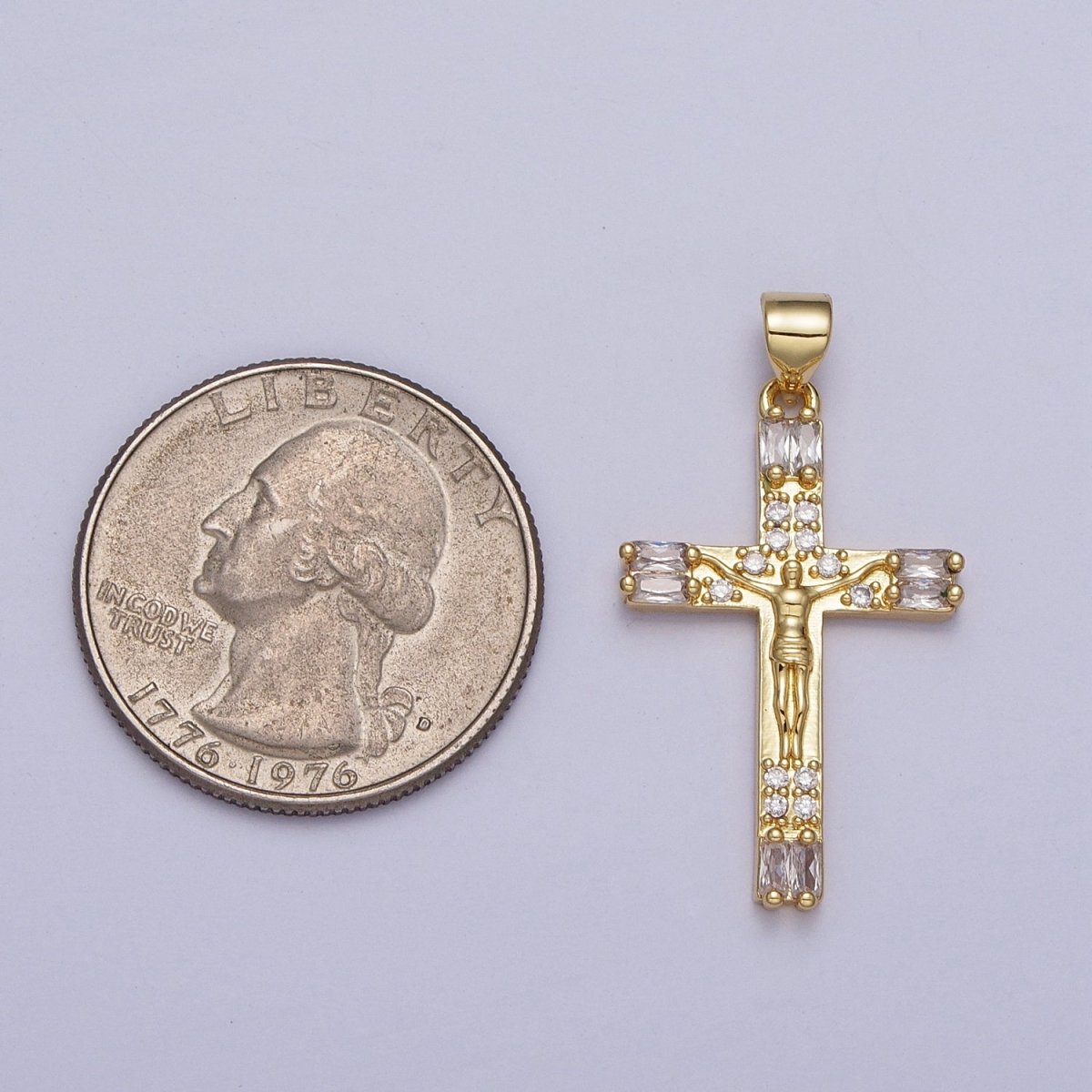 24K Gold Filled Jesus Crucifix Cross Baguette Micro Paved CZ Religious Pendant H-296 - DLUXCA