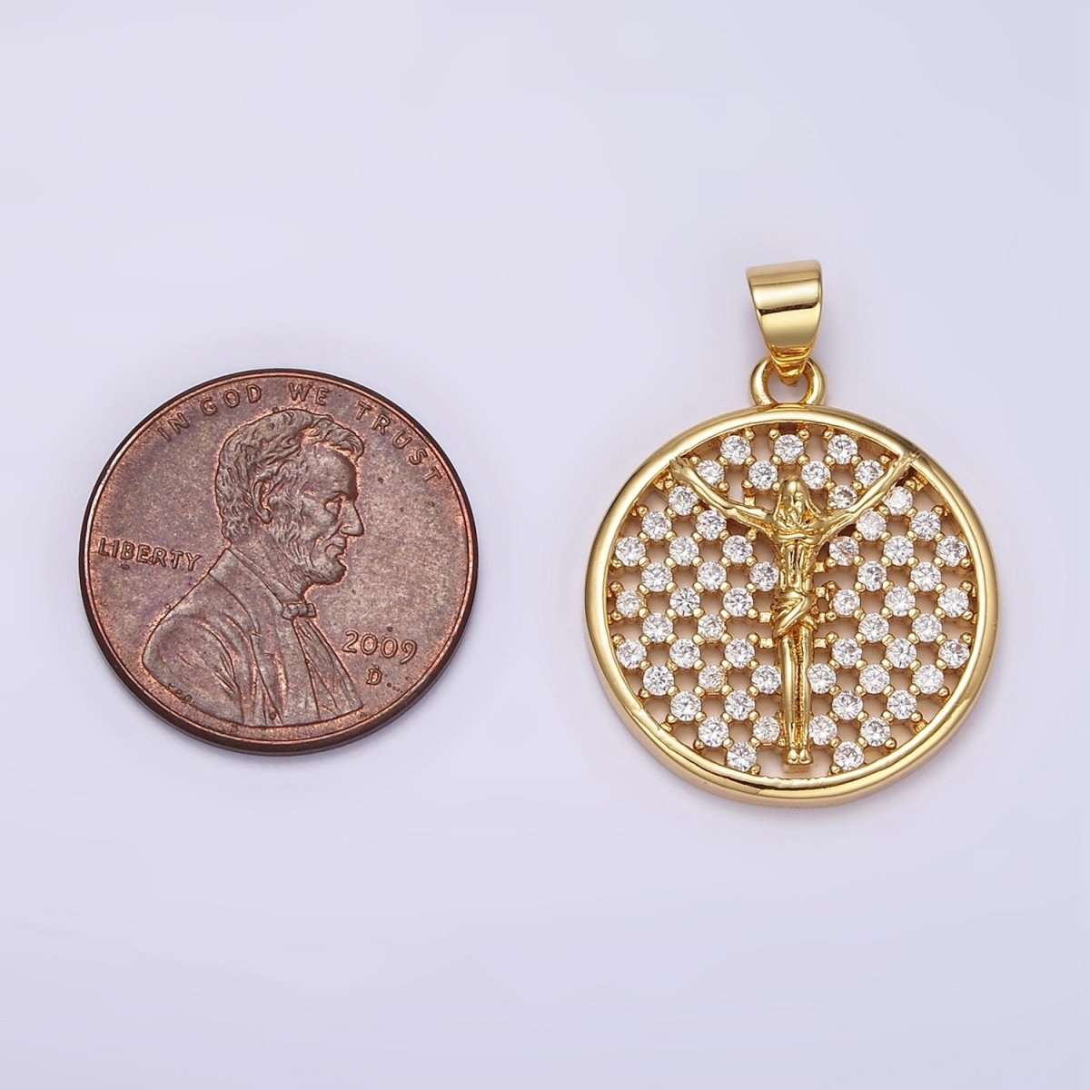 24K Gold Filled Jesus Crucifix Religious Open Clear CZ Checkered Round Charm | N1945 - DLUXCA