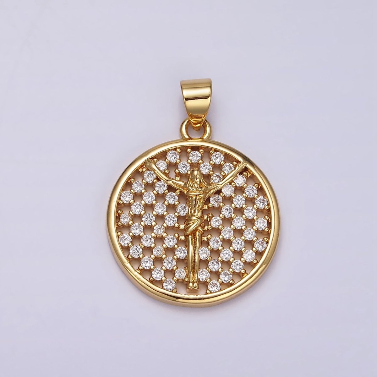 24K Gold Filled Jesus Crucifix Religious Open Clear CZ Checkered Round Charm | N1945 - DLUXCA