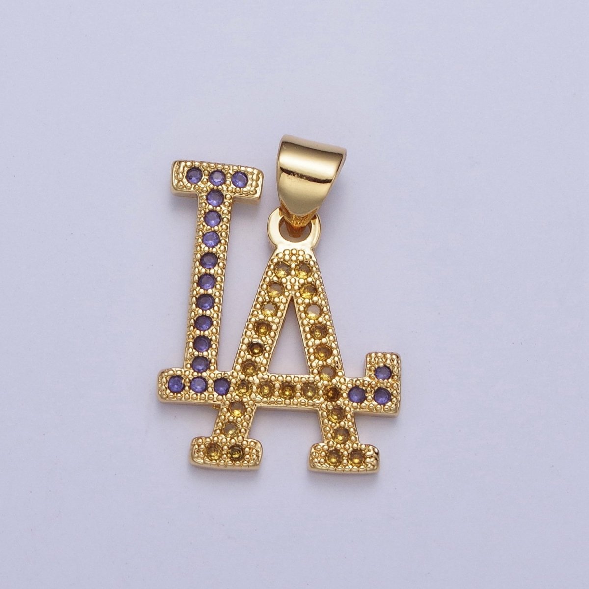 24K Gold Filled LA Dodgers Initial Charm Necklace | Multicolor Yellow & Purple Micro Pave Los Angeles So Cal Baseball Pendant For DIY Jewelry Necklace Making X-423 - DLUXCA