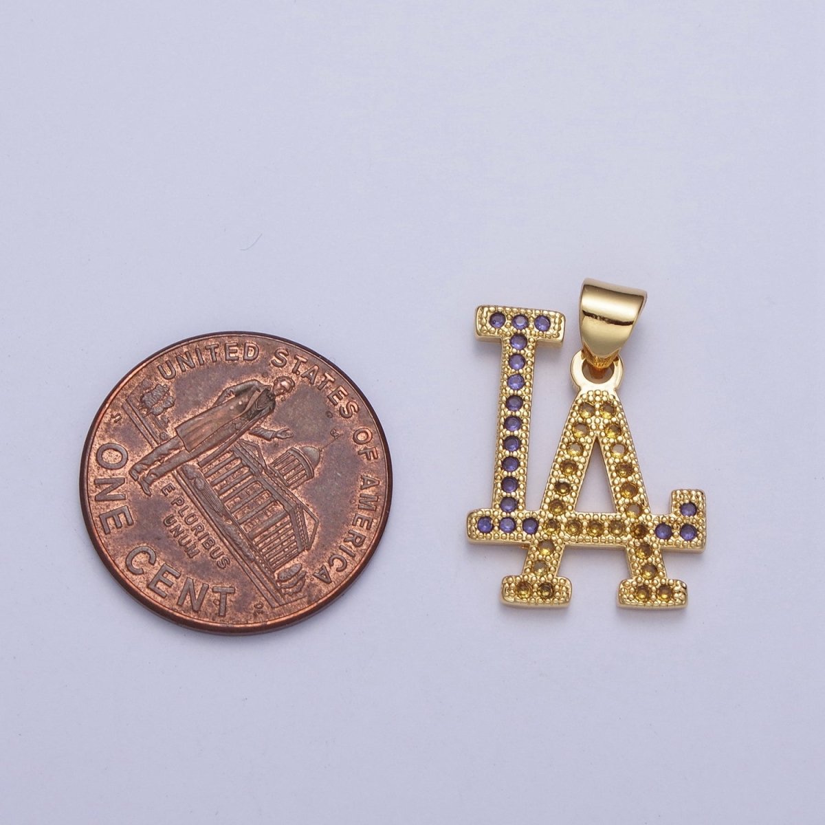 24K Gold Filled LA Dodgers Initial Charm Necklace | Multicolor Yellow & Purple Micro Pave Los Angeles So Cal Baseball Pendant For DIY Jewelry Necklace Making X-423 - DLUXCA