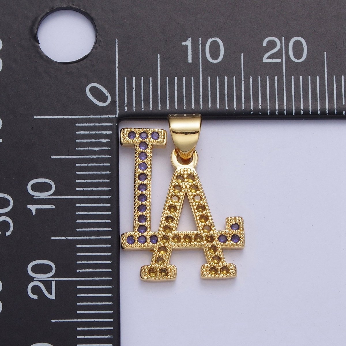 24K Gold Filled LA Dodgers Initial Charm Necklace | Multicolor Yellow & Purple Micro Pave Los Angeles So Cal Baseball Pendant For DIY Jewelry Necklace Making X-423 - DLUXCA