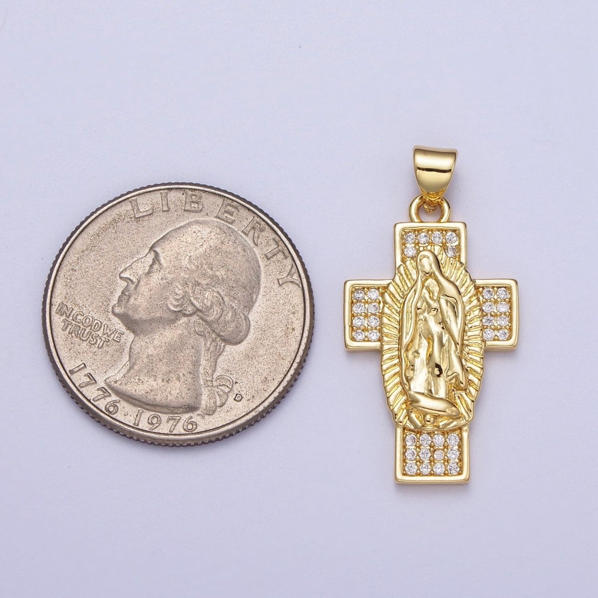 24K Gold Filled Lady Guadalupe Cross Religious Micro Paved CZ Pendant I-290 - DLUXCA