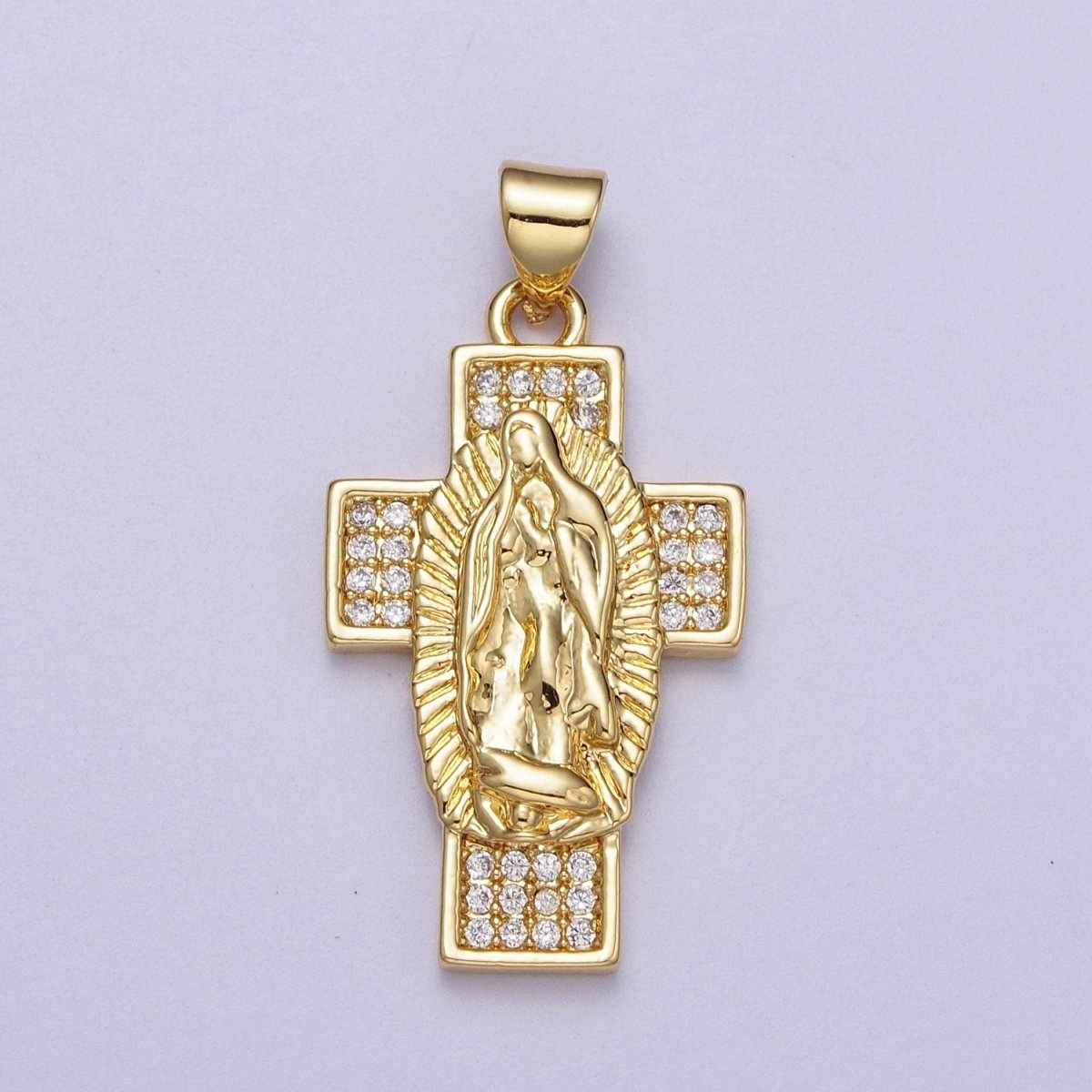 24K Gold Filled Lady Guadalupe Cross Religious Micro Paved CZ Pendant I-290 - DLUXCA