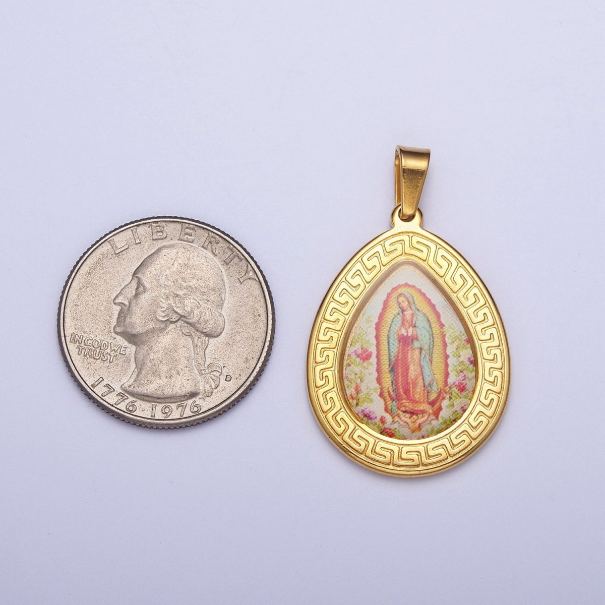 24K Gold Filled Lady Guadalupe Pendant Tear Drop Medallion Virgin Mary Charm X-649 - DLUXCA