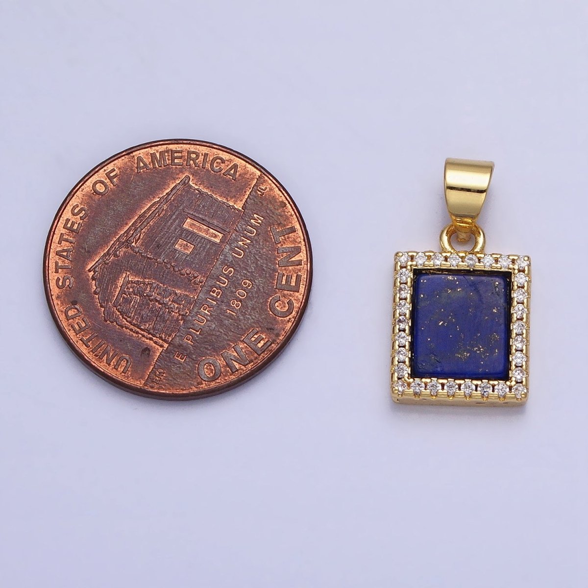 24K Gold Filled Lapis Lazuli Natural Gemstone Micro Paved CZ Rectangular Pendant | AA-181 - DLUXCA
