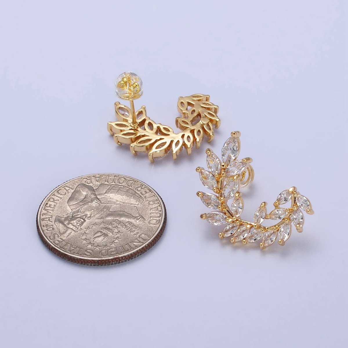 24K Gold Filled Leaf Clear Marquise Circular Curved Line Stud Earrings in Silver & Gold | AB381 AB454 - DLUXCA