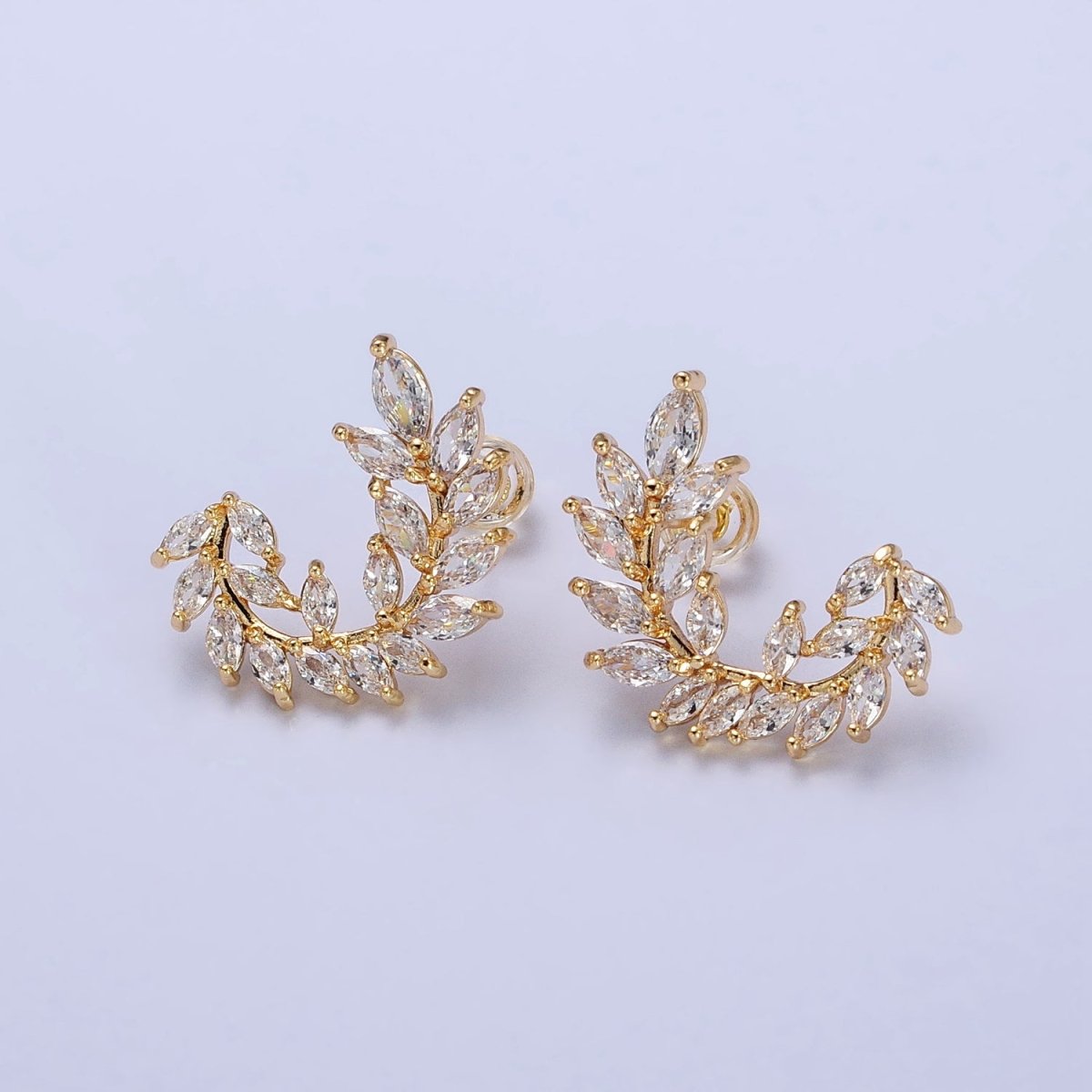 24K Gold Filled Leaf Clear Marquise Circular Curved Line Stud Earrings in Silver & Gold | AB381 AB454 - DLUXCA