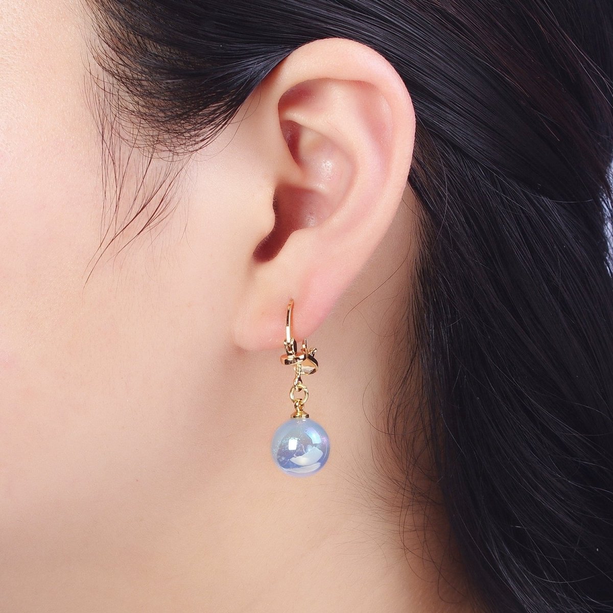 24K Gold Filled Leverback Earrings Small Hoop Earrings with Round Ball Pastel AB Color Drop Q-204 Q-216 Q-272 Q-277 Q-318 - DLUXCA