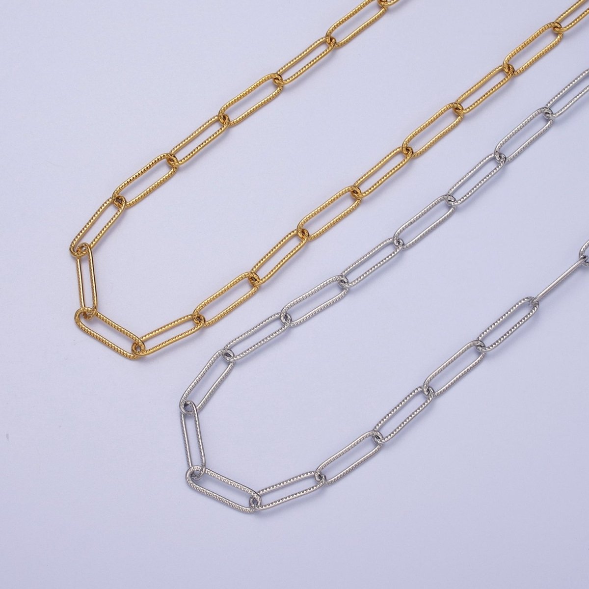 24K Gold Filled Line Textured Paper Clip Unfinished 4.5mm Chain in Gold & Silver | ROLL-891 ROLL-892 Clearance Pricing - DLUXCA