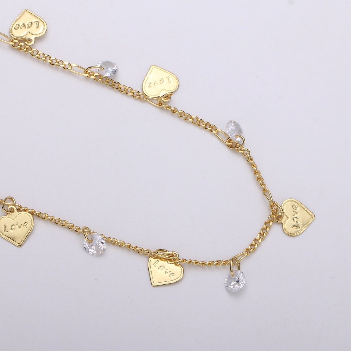 24K Gold Filled Love Charmed Cubic Chain by Yard, Heart CZ Charm Twisted Curb Chain by Yard, Curb Designed Unfinished Chain For Necklace Making | ROLL-323 Clearance Pricing - DLUXCA