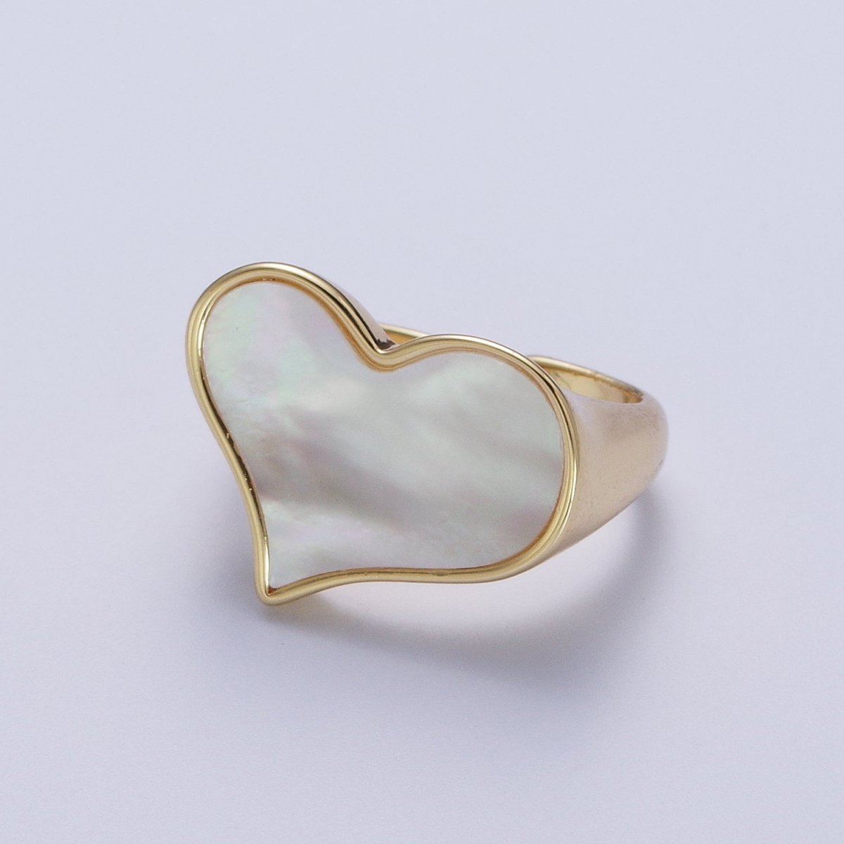 24K Gold Filled Love Heart White Shell Pearl Wide Band Ring For Valentines | O-1997 - DLUXCA