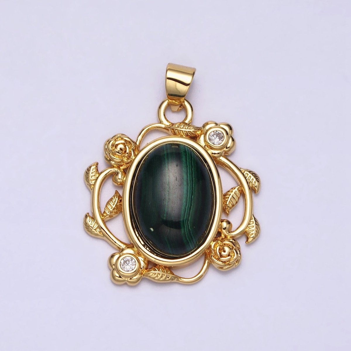 24k Gold Filled Malachite, Howlite Charms, Gold Oval Cabochon Pendant with Rose Flower Frame AA281 AA282 - DLUXCA