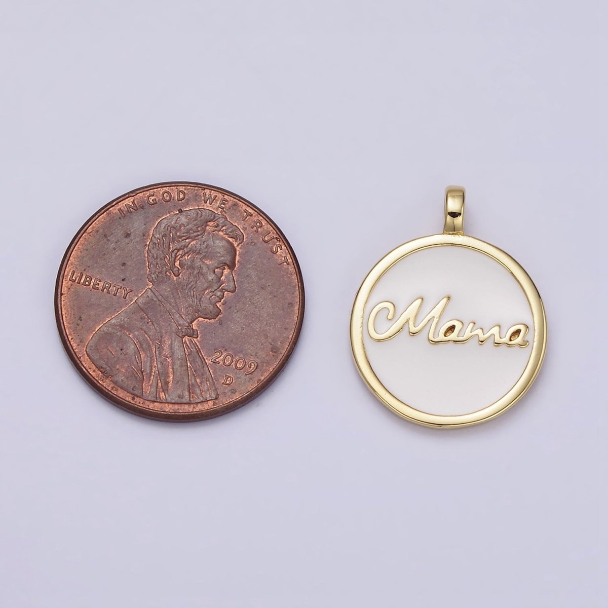 24K Gold Filled "Mama" Script White Enamel Round Medallion Charm | AC1422 - DLUXCA