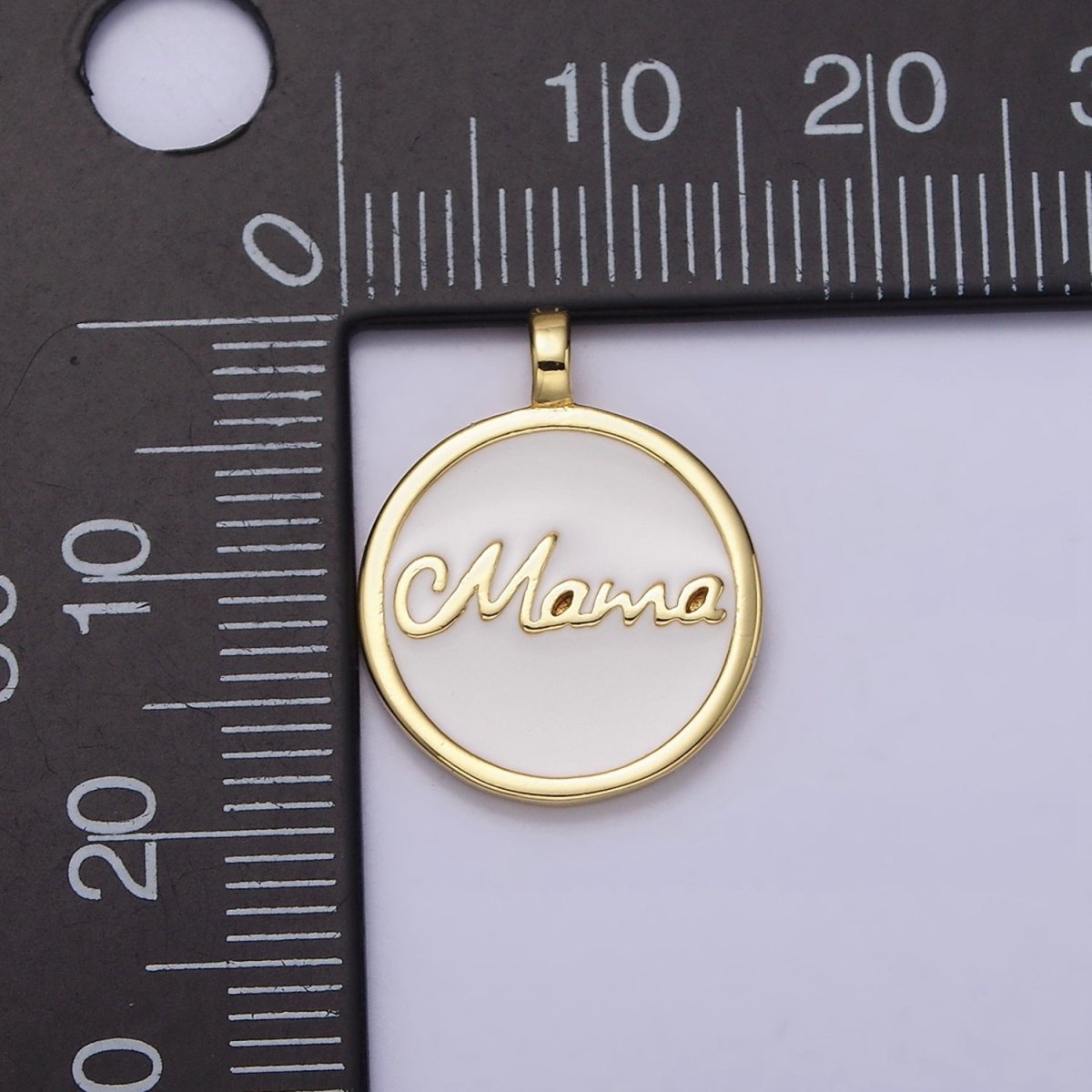 24K Gold Filled "Mama" Script White Enamel Round Medallion Charm | AC1422 - DLUXCA