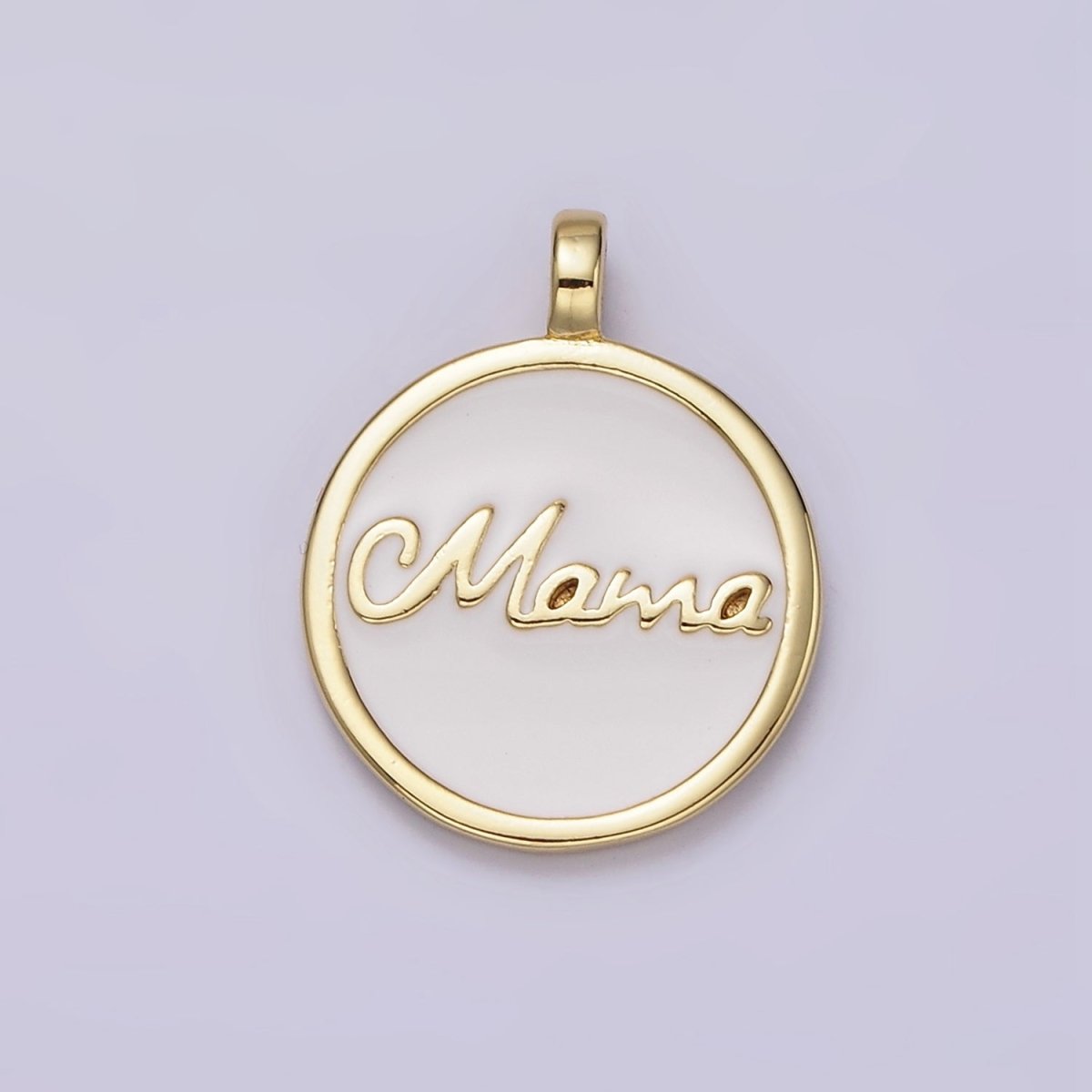 24K Gold Filled "Mama" Script White Enamel Round Medallion Charm | AC1422 - DLUXCA