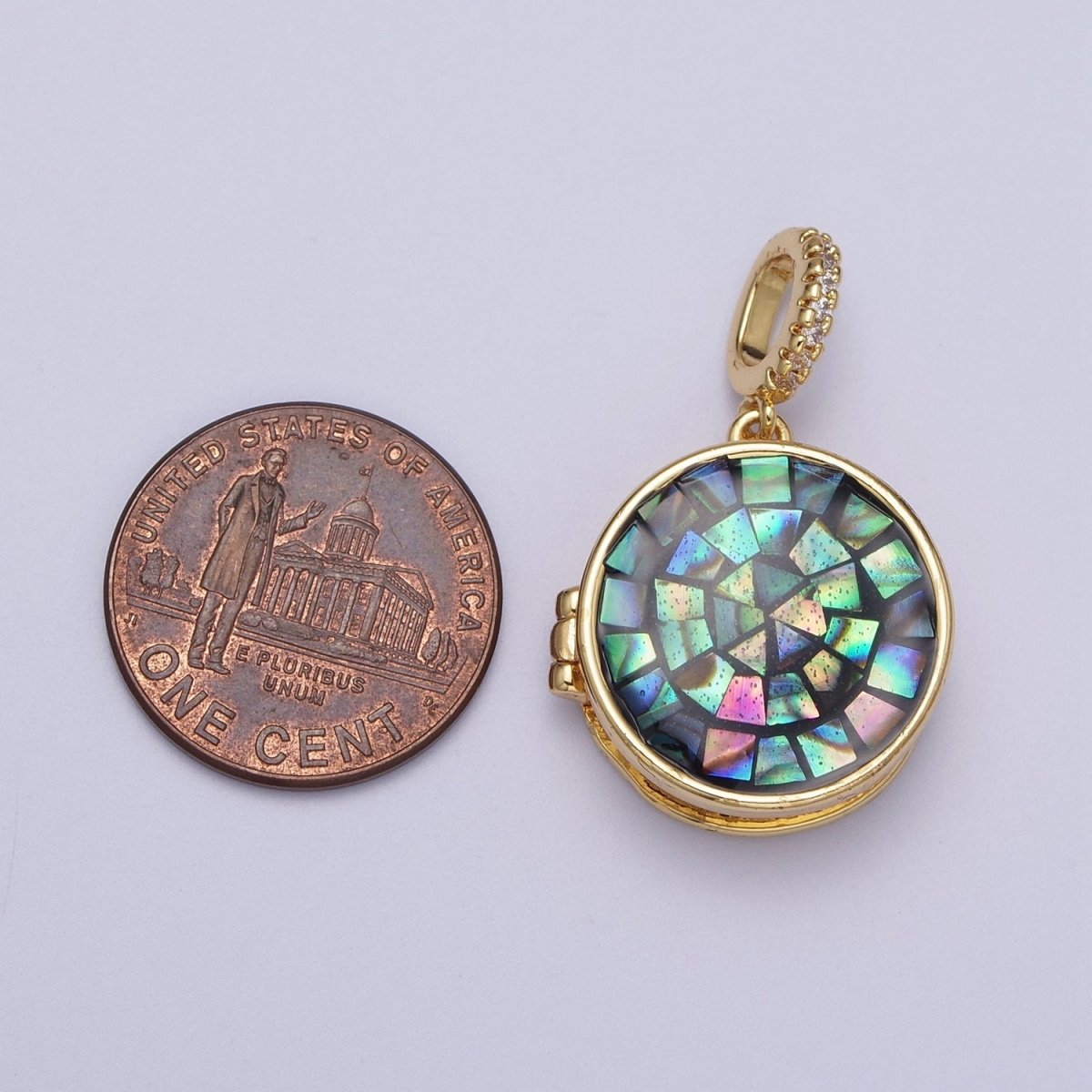 24K Gold Filled Marian Cross Black, Blue, Pink, White, Green Shell Opal Round Locket Pendant H-080 H-081 H-082 H-083 H-085 - DLUXCA