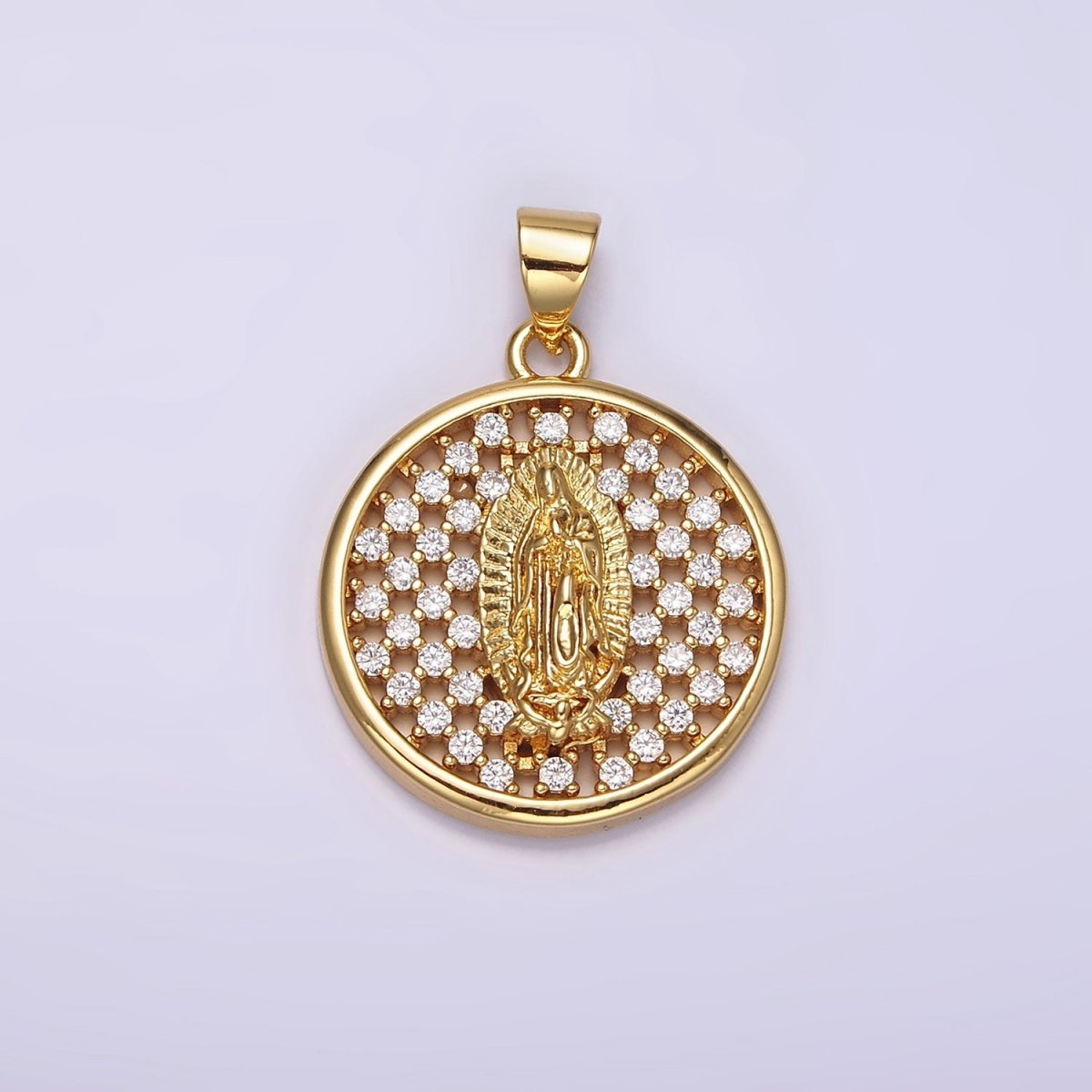 24K Gold Filled Mary Lady Guadalupe Religious Open Clear CZ Checkered Round Charm | N1947 - DLUXCA