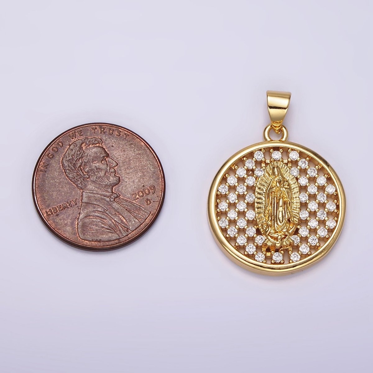 24K Gold Filled Mary Lady Guadalupe Religious Open Clear CZ Checkered Round Charm | N1947 - DLUXCA