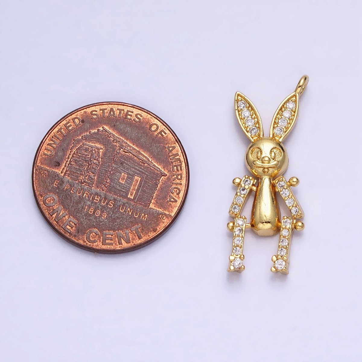 24K Gold Filled Mechanical Smiling Rabbit Bunny Micro Paved CZ Charm | AC587 - DLUXCA