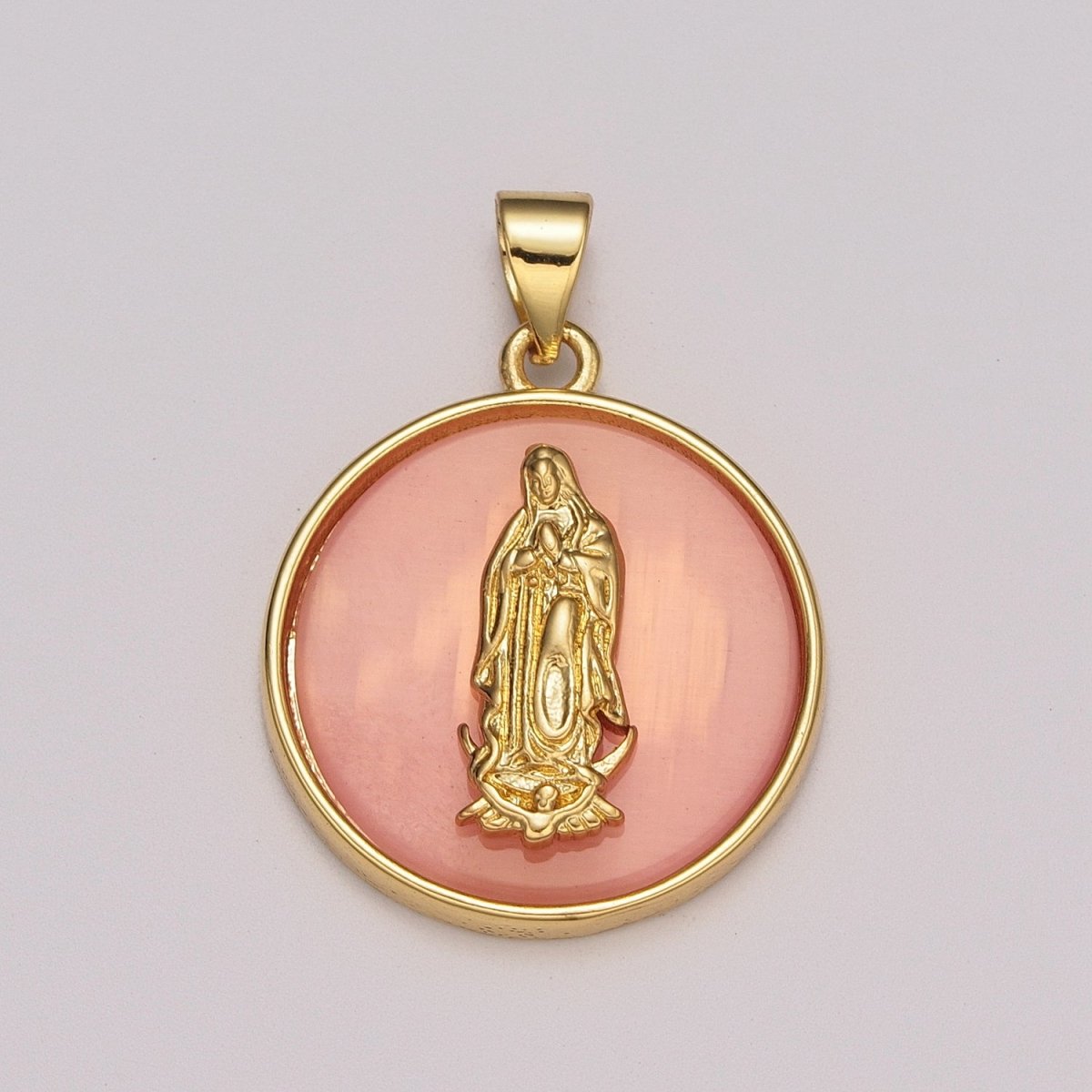 24k Gold Filled Medallion Pink Virgin Mary Pendant Dainty Coin Charm Pendant for Necklace Bracelet / N-1436 - DLUXCA