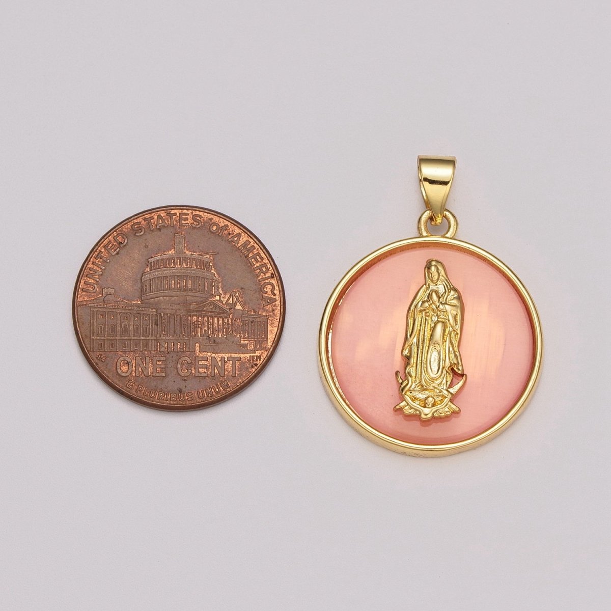 24k Gold Filled Medallion Pink Virgin Mary Pendant Dainty Coin Charm Pendant for Necklace Bracelet / N-1436 - DLUXCA