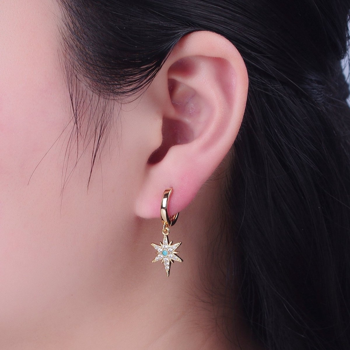 24K Gold Filled Micro Pave Clear CZ Turquoise Celestial Star Charm Dangle Drop Earrings P-325 - DLUXCA