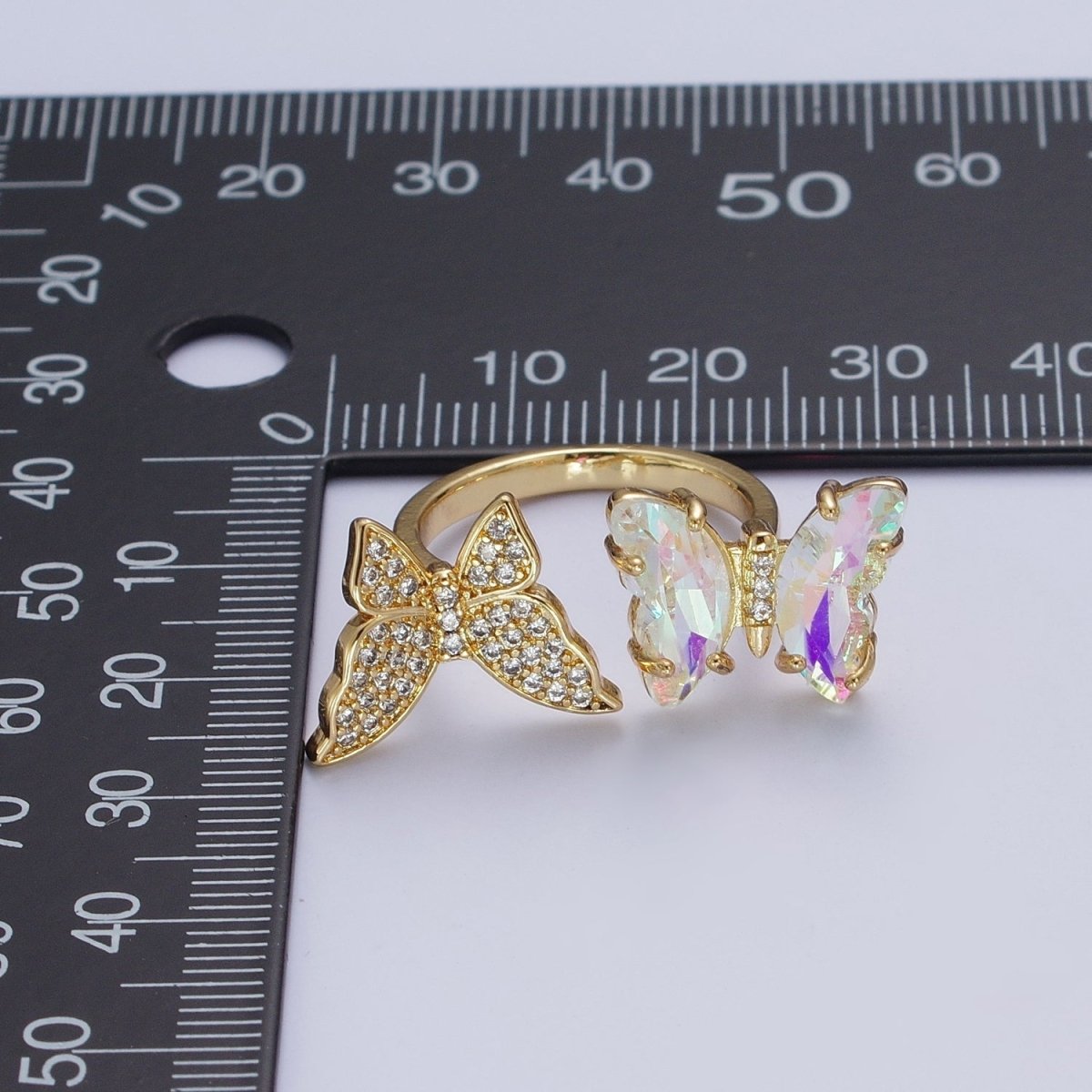 24K Gold Filled Micro Pave Cubic Zirconia Butterfly & Acrylic Mariposa Double Insect Butterfly Open Ring S-243 - DLUXCA