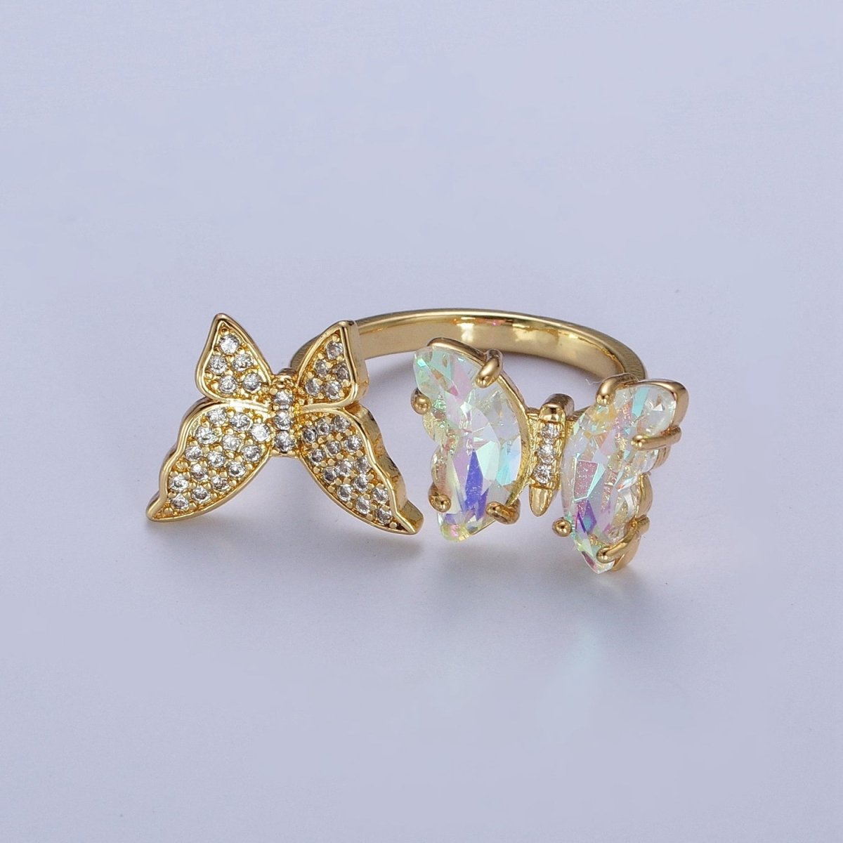 24K Gold Filled Micro Pave Cubic Zirconia Butterfly & Acrylic Mariposa Double Insect Butterfly Open Ring S-243 - DLUXCA