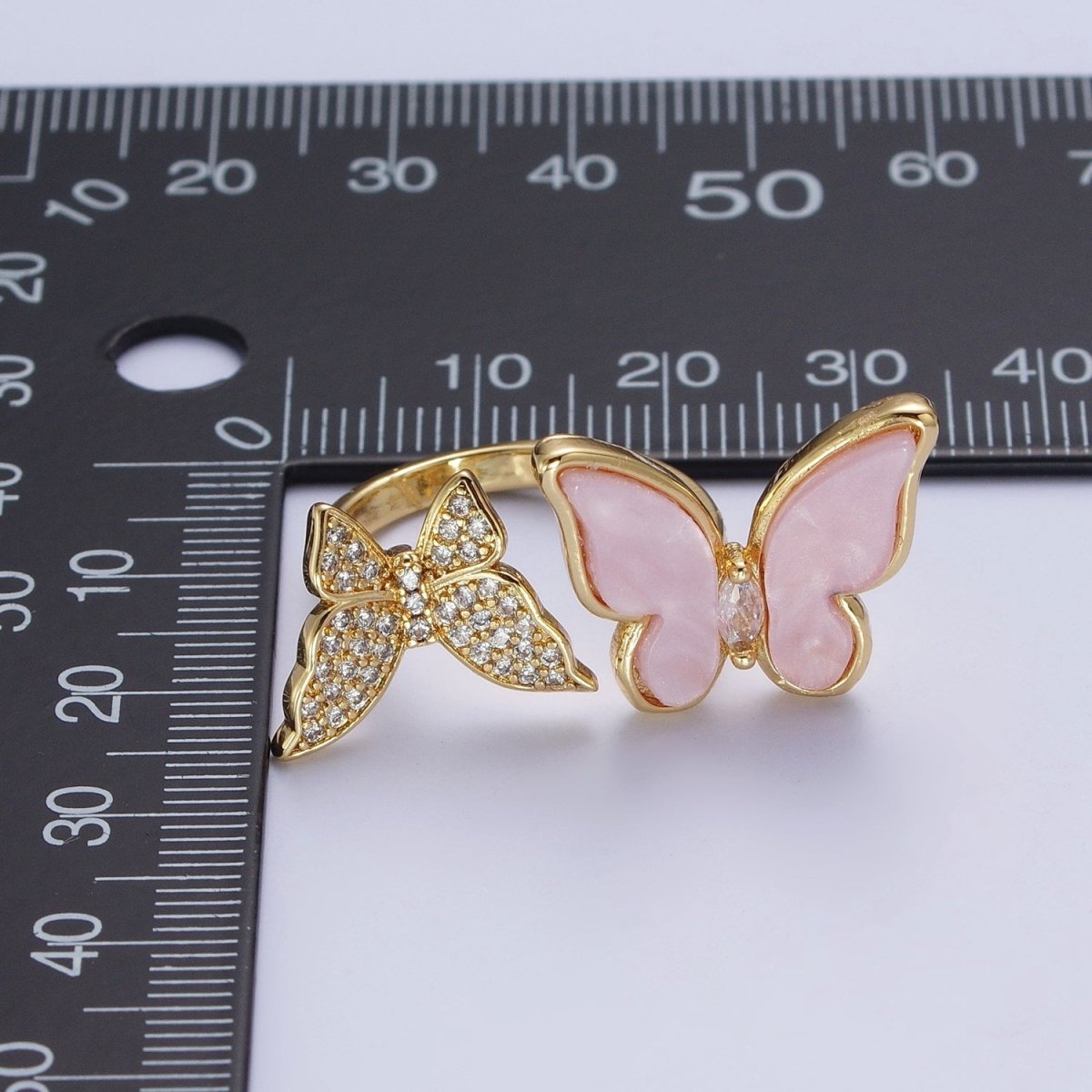 24K Gold Filled Micro Pave Cubic Zirconia Butterfly & Shell Mariposa Double Insect Butterfly Open Ring S-244 - DLUXCA