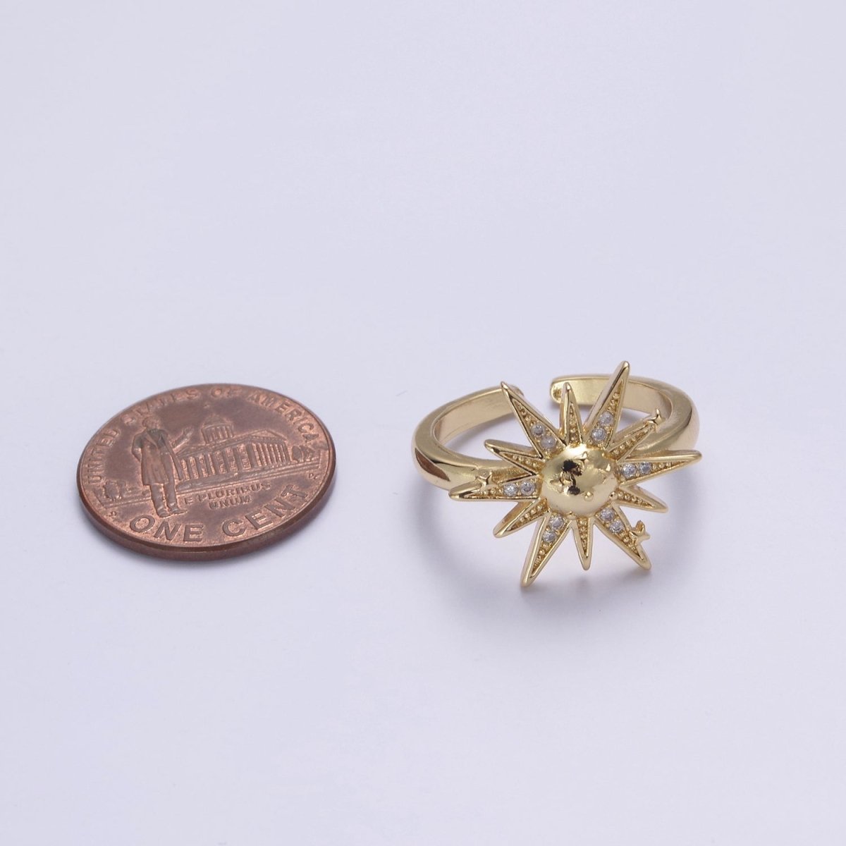 24K Gold Filled Micro Pave Cubic Zirconia CZ Sunburst Sun Star Adjustable, Statement Ring S-363 - DLUXCA