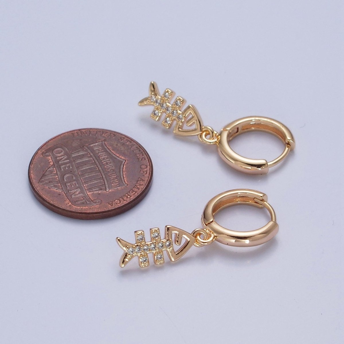 24K Gold Filled Micro Pave Cubic Zirconia Fish Bone Charm Dangle Huggie Hoop Earrings P-436 - DLUXCA