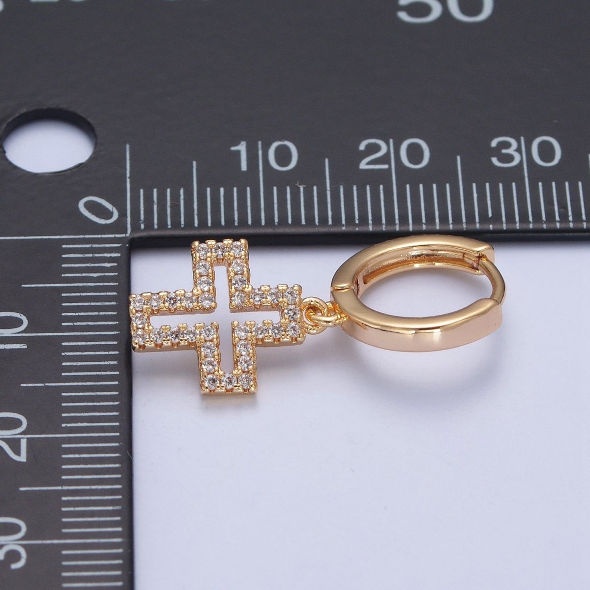 24K Gold Filled Micro Pave Cubic Zirconia Religious Cross Charm Dangle Huggie Hoop Earrings P-177 - DLUXCA