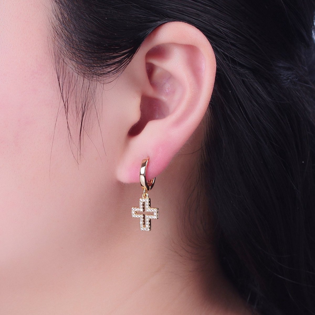 24K Gold Filled Micro Pave Cubic Zirconia Religious Cross Charm Dangle Huggie Hoop Earrings P-177 - DLUXCA